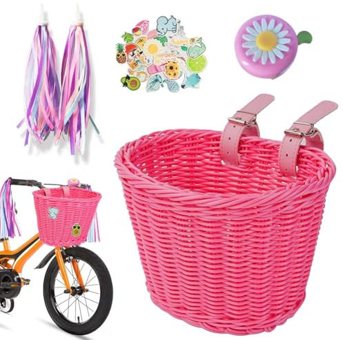 EUBSWA - Panier de vélo avant pour enfant - Amovible - En osier - Avec cloches et serpentins - Accessoires de panier de vélo pour fille (panier de vélo rose-1)