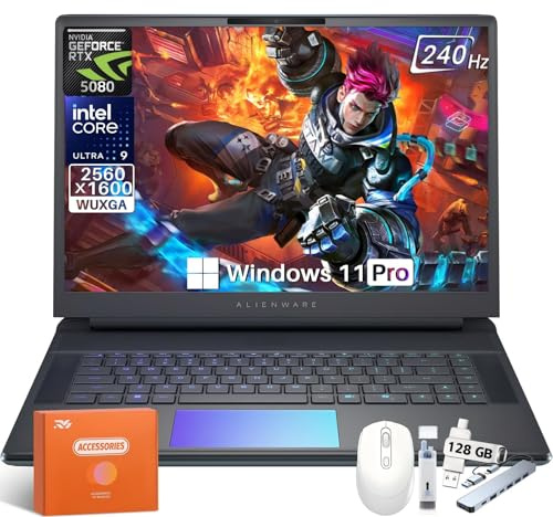 Alienware 16 Area-51 Gaming Laptop 2025 Nuovo, 16 WQXGA 240Hz, Intel Ultra 9 275HX, 64GB DDR5 RAM, 4TB SSD, RTX 5080 16GB GDDR7, Wi-Fi 7, 4K Webcam, Windows 11 Pro, kit di accessori