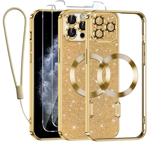 Tikfrlo Glitter Magnetica Cover per iPhone 11 Pro con Cordino, Compatibile con MagSafe, Brillantini Sottile Silicone TPU Antiurto Custodia per iPhone 11 Pro con 2 Vetro Temperato Bumper, Oro