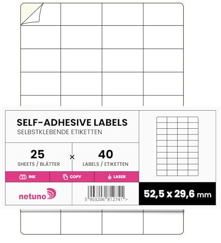 Netuno 25 Blatt DIN A4 Etiketten weiß selbstklebend 5,25 x 2,96 cm (40 Stück pro Blatt) Universelle Selbstklebende A4 Etiketten für Drucker Beschriftung Kurieretiketten Haushaltsetiketten bedruckbar