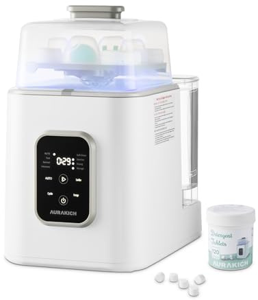 AURAKICH Baby Bottle Washer, Sterilizer & Dryer - All-in-One Pro Cleaning Machine with Fishbone Spray Arm, Self-Cleaning & AUTO Mode, Dual Water Inlet for Bottles, Breast Pump & Baby Essentials