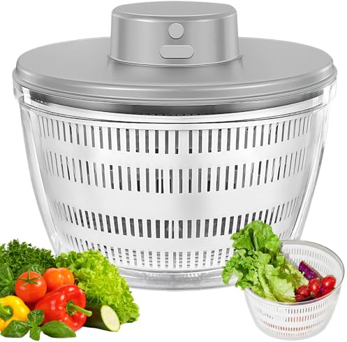 Wilafury Ensaladera eléctrica de 4 litros, centrifugadora de Ensalada de Drenaje rápido para Lechuga con tazón y colador para Verduras, Hierbas, Bayas (Gris)