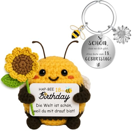 Farbeele 18. Geburtstag Frauen, Handgehäkelte Biene mit Schlüsselanhänger, Glücksbringer, Geburtstagsgeschenk für Frauen Männer Beste Freundin Schwester, Geschenk zum 18 Geburtstag