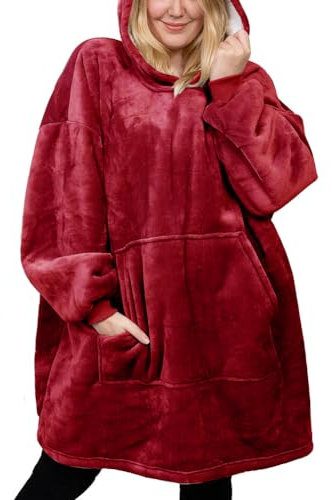 Michorinee Sherpa Hoodie Sweatshirt Kuscheldecke Ultra Weiche Warme Original TV Decke mit Ärmel und Tasche Baumwolle Fleece Kapuzen Pullover for Erwachsene Männer Damen Teenager Rot