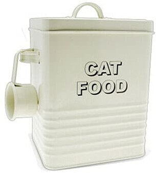 BARGAINGALORE NEW CAT FOOD STORAGE CONTAINER WITH SCOOP ENAMEL LID TIN HOME RETRO VINTAGE
