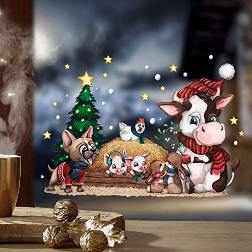 ilka parey wandtattoo-welt Fensterbild Weihnachtsdeko Weihnachten auf dem Bauernhof Schwein Kuh Hund wiederverwendbar Fensterdeko Winter Fensterbilder Kinder Zimmer bf159