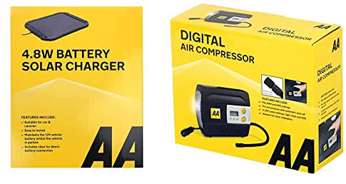 AA 12 V Car Solar Battery Trickle Charger 4.8 W AA1432 & AA 12V Digital Tyre Inflator AA5502 – For Cars Other Vehicles Inflatables Bicycles - Shows PSI BAR KPA 0-120 PSI – Includes Adaptors, Black