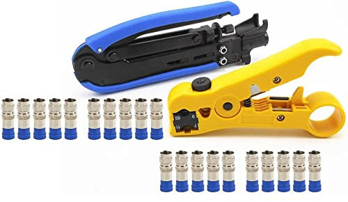 ZONADAH F-Steckverbinder-Crimper-Abisolierzangen-Set für Koax-Koaxialkabel RG6 RG59 RG11 Hand-Kompressions-Crimp-Schneide-TV-Kabel-Handwerkzeug 20 x F-Kompressionsstecker im Lieferumfang enthalten