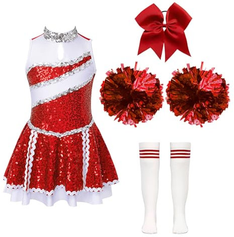 Jowowha Mädchen Cheer Leader Cheerleading Kostüm Glitzer Kleid mit Zubehör Cheer Tanzkleid Halloween Kostüm Karneval Fasching Party Outfits Rot 170-176
