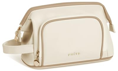 Prite Grand Trousse de Maquillage pour Femme Trousse de Toilette pour Voyage Vanity en Cuir PU Imperméable avec Compartiment et Poignée (Beige)