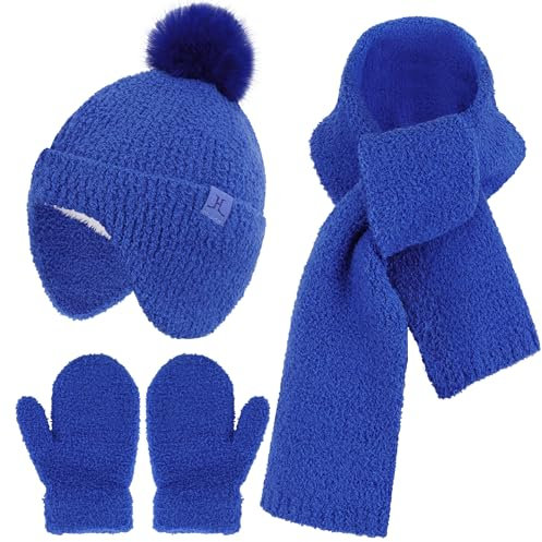 Invernale Bambino Cappello con PON PON e Paraorecchie Sciarpa Guanti, Termico Berretto Beanie con Fodera in Pile Manopole per 0-4 Bimbo Bambina
