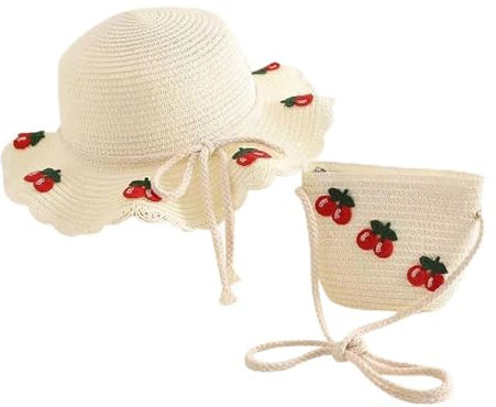 CWPFVQA 1 Chapeau De Paille pour Enfants avec 1 Sac De Paille, 1 Lunettes De Soleil, Chapeau De Paille Doux, Chapeau Décor Cerise, Ensemble De Protection Solaire pour Enfants