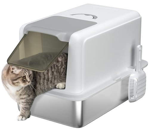 PawHut Stainless Steel Cat Litter Box, Extra Large Metal Cat Litter Tray with Lid, Scoop, Filter Bags, White