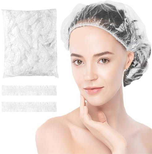 GGUFAY 100 PCS Gorros de Ducha Desechable, Elásticos Gorros de Ducha de Plastico Transparente,Gorro de Ducha Desechable de Plástico Impermeable, para Uso en el Hogar,hotel,Spa y Peluquería