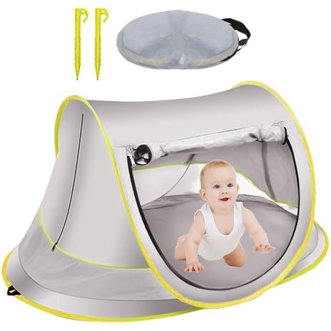 Baby Strandmuschel Strandzelt mit UV Schutz UPF 50+, 140x95x60cm, Pop Up Strandmuschel, Strandzelt Wurfzelt mit Reißverschluss Fronttür, Tragbar Extra Light Strandzelt (Grau (groß))