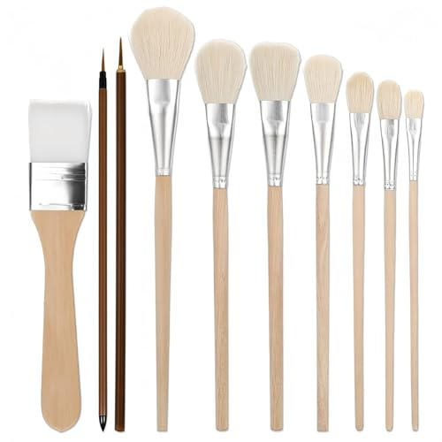 Durlo 10-Piece Goat Hair Pottery Glaze Brushes Set – for Glazing, Underglaze, Watercolor, Oil & Acrylic Ceramic Art