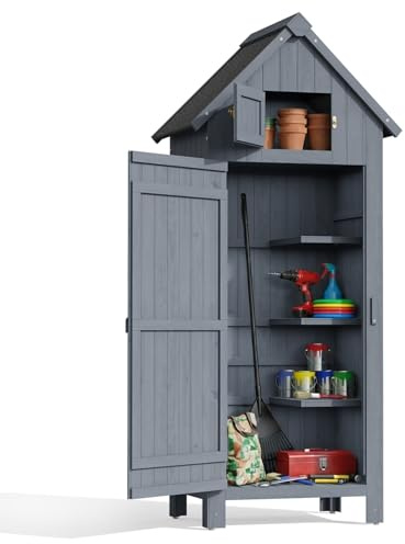 Blishom Gartenschrank, Holzwerkzeugschuppen, Gartengerätelagerung mit Regalen, Belüfteter Gartenschrank mit AsphaltDach, Geeignet für Rasen, Garten, Hof, 77x54,2x179cm (Grau)