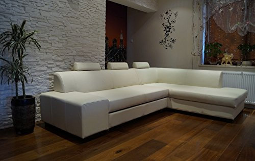 Quattro Meble Weiß Echtleder Ecksofa London II 3z 275 x 200 Sofa Couch mit Bettfunktion, Bettkasten und Kopfstützen Echt Leder Hermes Pure White Rindsleder Eck Couch große Farbauswahl