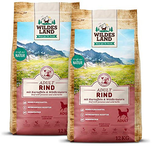 Wildes Land - Nr. 5 Rind - 24 kg - mit Kartoffeln und Wildkräutern - Glutenfrei - Trockenfutter für Hunde - Hundefutter mit hohem Fleischanteil Hohe Verträglichkeit
