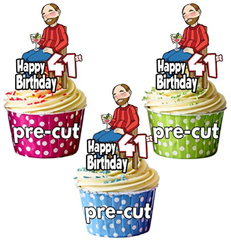 AK Giftshop PRECUT Gin and Tonic Drinker - Men's 41st Birthday - Edible Cupcake Toppers/Cake Decorations (Pack of 12)