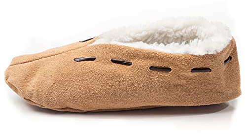 HomeOfSocks Leder Hausschuhe Herren und Damen | Obermaterial 100% Wildleder - Warme Mokassins Hüttenschuhe mit Fleece Innenfutter | Herren Puschen für Warme Füße Beige Gr. 38