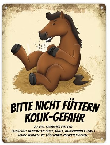 Bitte nicht füttern - Kolik-Gefahr Metallschild XXL mit braunem Pferd Motiv