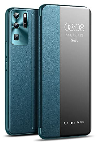 P30 Pro Hülle, 2022 Upgraded Smart View Flip Cover Handyhülle [ Stehende Funktion][Energiesparmodus ][Umfassender Schutz] - Grün