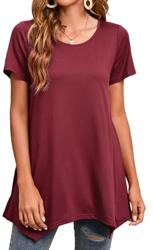 Enmain Womens Burgundy Tunic Top Summer Short Sleeve Tops for Women UK Plus Size Round Neck Ladies Tunics for Leggings Swing T-Shirt Casual Elegant Dressy Blouse Loose T Shirt M
