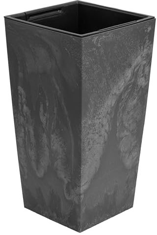 Blumenkübel 19 L mit Einsatz 11 L Beton-Optik H 450 mm Blumentopf aus Kunststoff Pflanzkübel Übertopf Quadrat Beton Struktur Marengo Grau Farbe für Innen/Außenbereiche Garten Patio Wohnzimmer Terrass