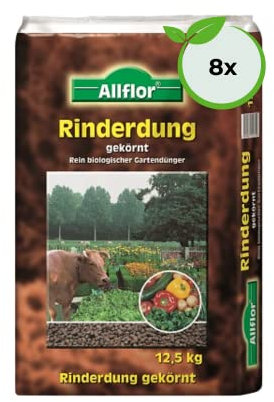 Allflor Rinderdung gekörnt - 8 x 12,5 Kg - Rinderdungpellets im Beutel - Wirtschaftsdünger von Rindern - Biologischer Gartendünger - Rindermist - Fördert die Humusbildung