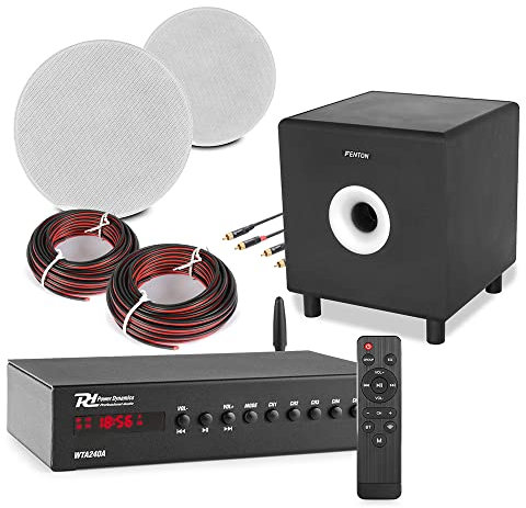 Power Dynamics Smart WiFi and Bluetooth Ceiling Speaker System with 10 Active Subwoofer, Wireless Multi Room Home Audio, 2x 5.25 Flush Mounted Speakers, App Control Amplifier, USB MP3/AUX Input