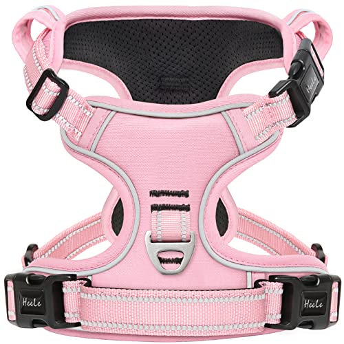 HEELE Harnais Chien, Harnais Anti Traction Réfléchissant Harnais pour Grand Chien avec Poignée Rembourrée, 1 Boucle sur la Sangle Droite de Cou Rendent Facile à Mettre et à Enlever, Rose Clair, XL