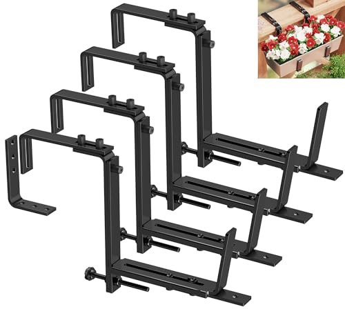 Y&M Verstellbare Pflanzkastenhalterungen (15,2 bis 31,8 cm), universelle robuste Eisen-Blumenkasten-Halterungen, Wandbefestigungshaken für Zäune, Terrasse und Garten, Schwarz, 4 Stück