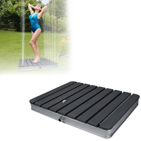 AufuN Gartendusche Aussendusche aus WPC/Aluminium, Mobile Bodendusche Campingdusche mit rutschfeste Standfläche Saunadusche für Camping Garten Pool Dusche (Eckig, Anthrazit)
