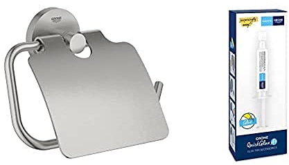 Lot de GROHE Start Cube Dérouleur de Papier Toilette Mural avec Couvercle, Métal, Supersteel, 41179DC0 + GROHE QUICKFIX, Kit 1 seringue colle pour accessoires de salle de bains, 41127000