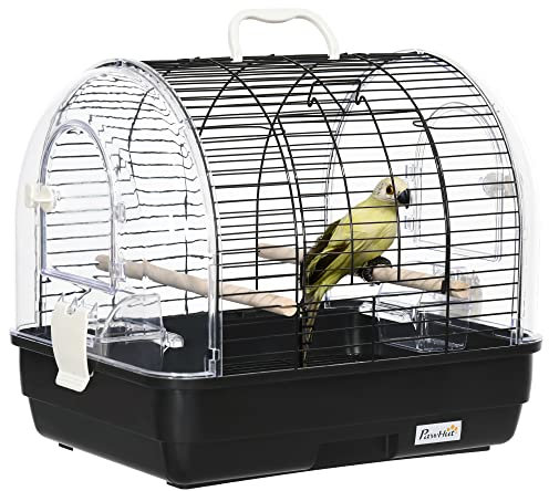 PawHut Cage à Oiseaux en Fil d'acier avec perchoirs, Plateau Amovible et poignée, 42 x 32 x 37 cm, Noir