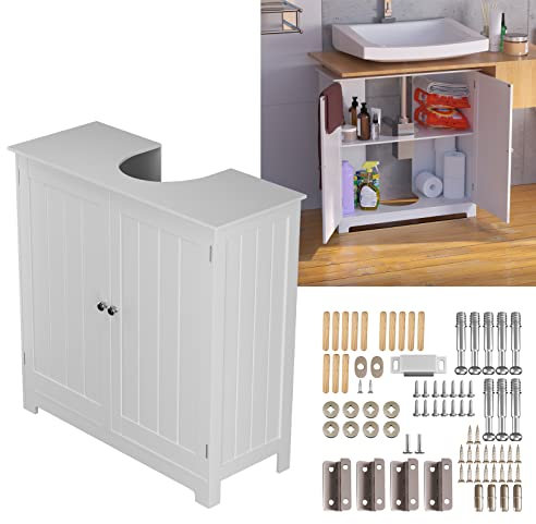 Under Sink Bathroom Storage Cabinet Freestanding Floor Basin Cupboard Unit Storage Organiser, White Bathroom Sink Cupboard Under Basin Cabinet with Double Doors & Adjustable Shelves, 60 x 30 x 60 cm