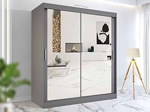 RAC3 Race to Road Stylish Bedroom Sliding Wardrobe with LED Light - Ample Storage Space and Sleek Design comes in White/Grey/Black/Oak and Width 100cm/120cm/150cm/180cm/203cm/250cm (Grey, 203cm)