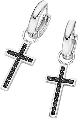 Giorgio Martello Milano Creolen Behang Kreuz, Weiße Zirkonia Oder Schwarze Spinelle, Silber 925 Schwarz, 3 Cm 925 Sterling Silber