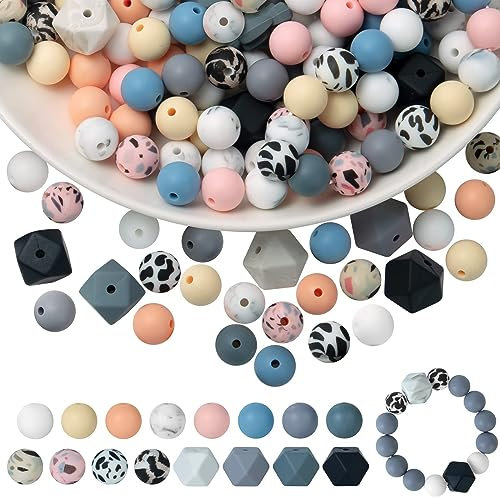 UNOZAVER 104 Stück Silikonperlen Perlen für Armbänder, Runde Polygon Bunte Bastelperlen mit Löchern für DIY Halskette, Armband, Schmuck, Basteln, DIY Handwerk