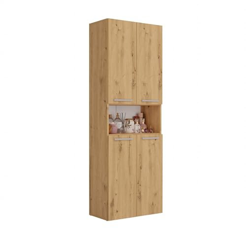 CDF Bad-Hochschrank NEL 1K DK | Farbe: Eiche Artisan | Modernes Badregal | Stauraumschrank | Geräumige Einlegeböden | Türen | Einfache Montage | 1 Wäschekrob | Stilvolle Griffe