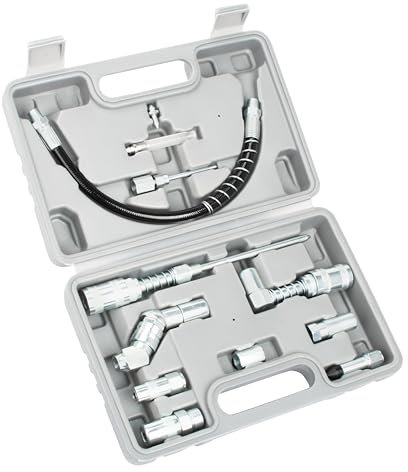 sliyxtwio Grease Gun Accessory Kit, 12 Piece Grease Gun Coupler Set for Hard to Reach Grease Fittings, Heavy Duty Lubrication Grease Zerk Fitting Adapters with Grease Gun Hose Holder