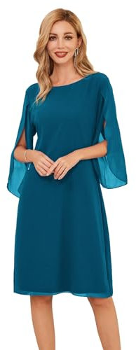 Blusenkleid Damen Sommer Kleid 3/4 Ärmel Chiffon Kleid Loose Fit Casual Midikleid Festlich Hochzeitkleid Cocktailkleid L Cerulean CLK041A23-04