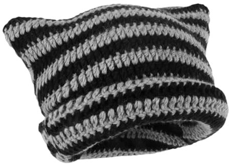 Y2k Wintermützen mit Katzenohren LäSsige WintermüTze Mit Katzenohren mit Ohren Häkelmütze Katze Hut Vintage Beanie Damen Fuchs Hut Zubehör Casual Beanie Striped Cat Ear Hat Unisex（Schwarz und Grau）