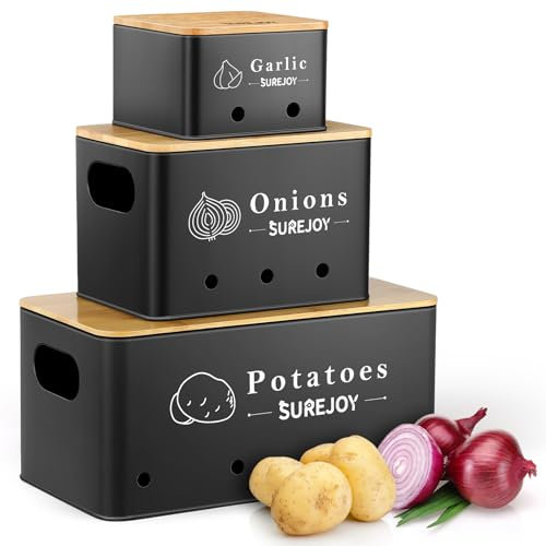 Surejoy Potato Storage Box, Set of 3, Storage Jars for Onion Garlic Storage, Keeps Vegetables Fresh for Longer, Kitchen Organiser, Garlic Pot, Potato Box, Onion Box Container (Black)