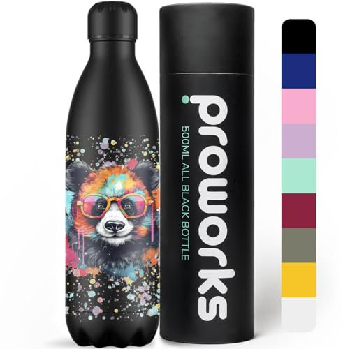 PROWORKS Botellas de Agua Deportivas de Acero Inoxidable Cantimplora Termo, Doble Aislamiento 12 Horas Caliente y 24 Horas Frío 1L - Toda Salpicadura de Pintura Negra - Panda