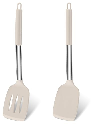 Homikit Pfannenwender 2er Set, Silikon Küchenhelfer Kochbesteck - Khaki | Hitzebeständig Spatel mit Edelstahlgriff, Geschlitzt Küchenutensilien zum Kochen Backen Wenden, Spülmaschinenfest