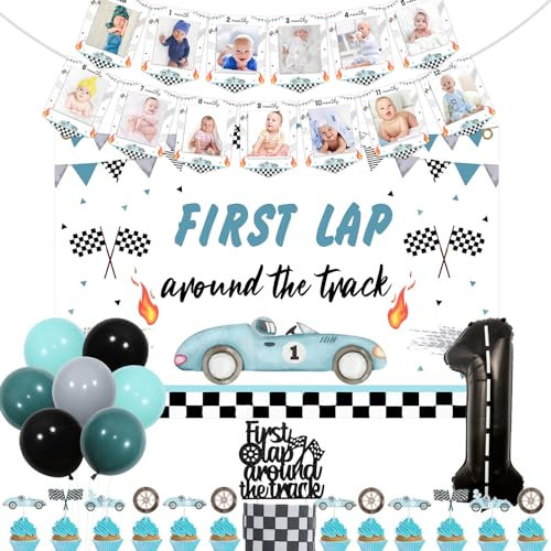 kreat4joy First Lap Around the Track Birthday Decorations, Fast One 1st Birthday Decorations for Boy, Backdrop Photo Banner Cake Topper Number 1 Foil Balloons for Race Car 1st Party Decorations