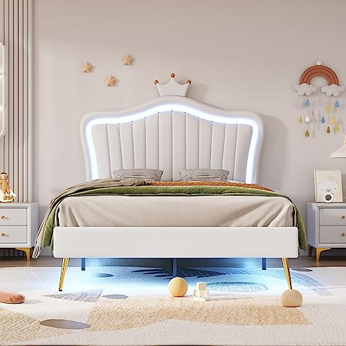Ojiuboo Kinderbett Polsterbet, Bettgestell für Mädchen, weißes Kronen-Doppelbettgestell aus PU-Leder mit LED-Leuchten, Lattenrost und Rückenlehne,Weiß, 90 x 200 cm