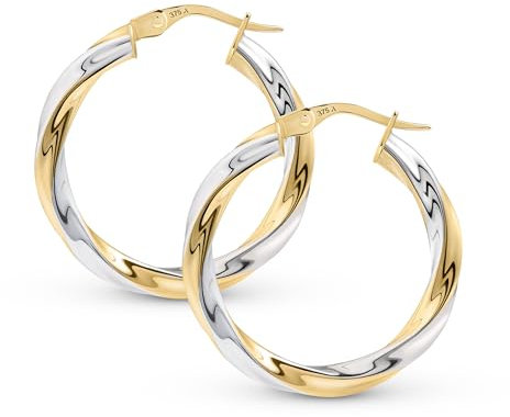 Amberta Gedrehte Ohrringe Damen | Weiss und Gelbgold | Echt Gold: Creolen 20mm